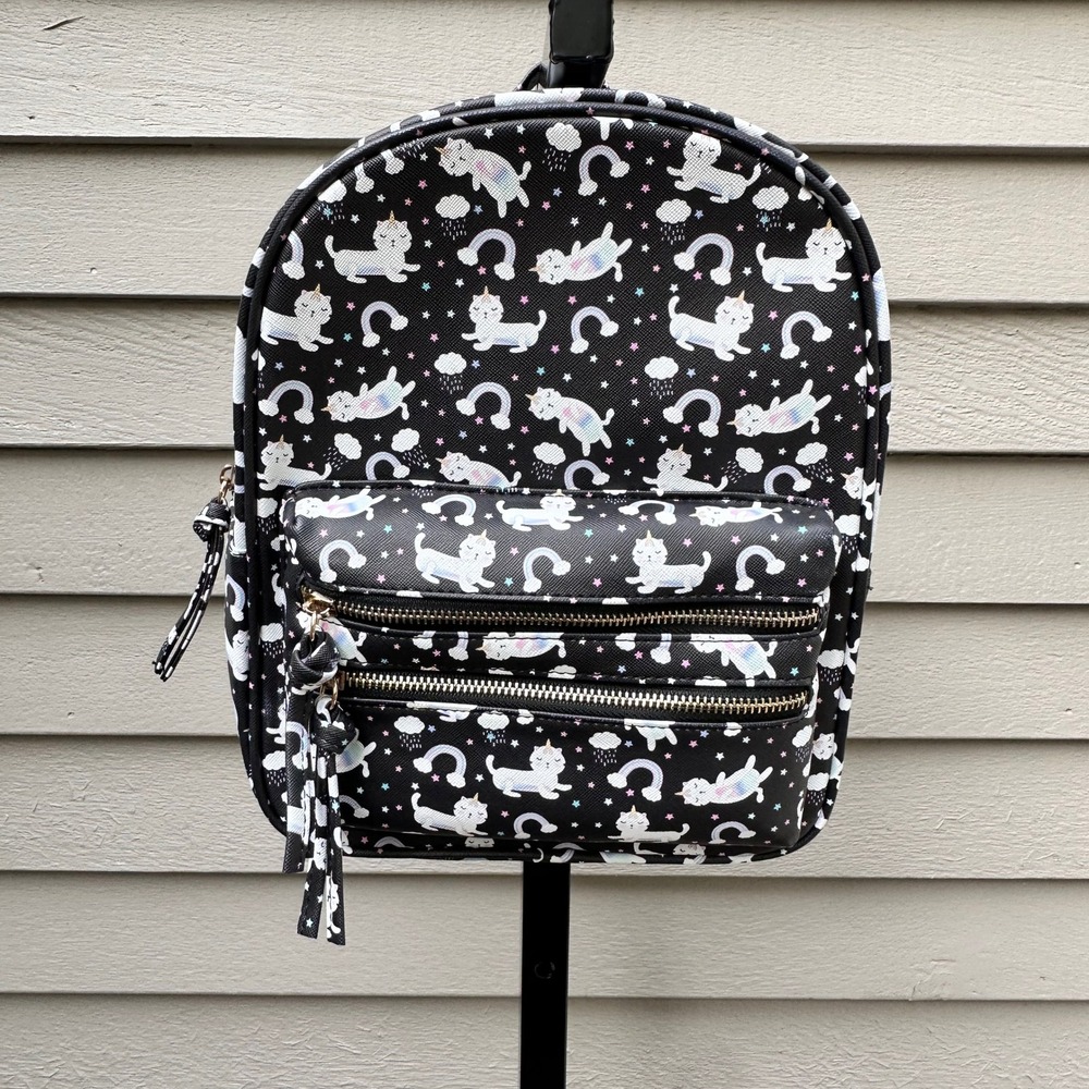 Under One Sky Caticorn Rainbow Mini Backpack Black Faux Leather Kawaii Bag - Picture 11 of 11